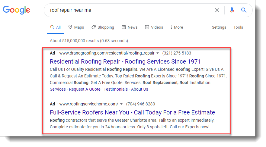Google ads results by the roofing google ppc on google serp.
