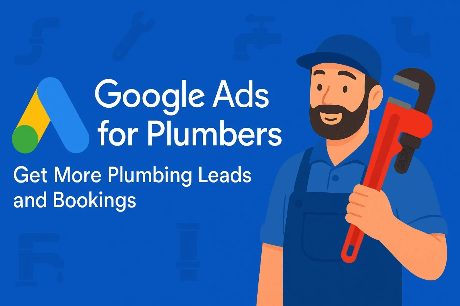 Plumber illustration promoting Google Ads for plumbers