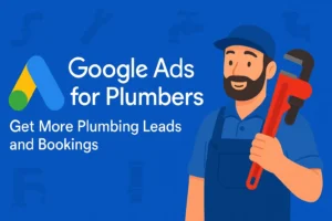 Plumber illustration promoting Google Ads for plumbers