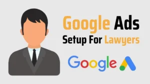Illustration of suited lawyer with Google Ads Setup for Lawyers text and logo.