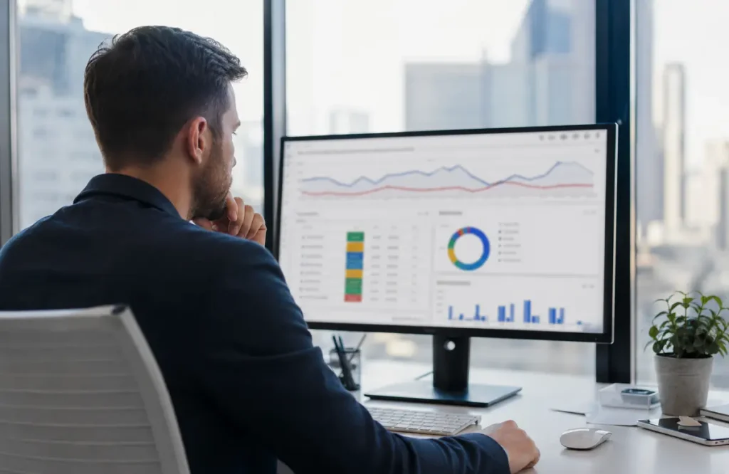 Business owner reviewing Google Ads performance dashboard for business