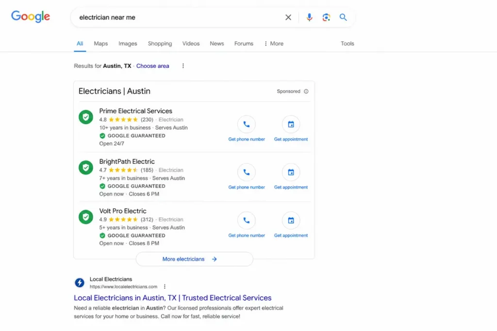 Google Local Service Ads agency results showing the Google Guaranteed badge