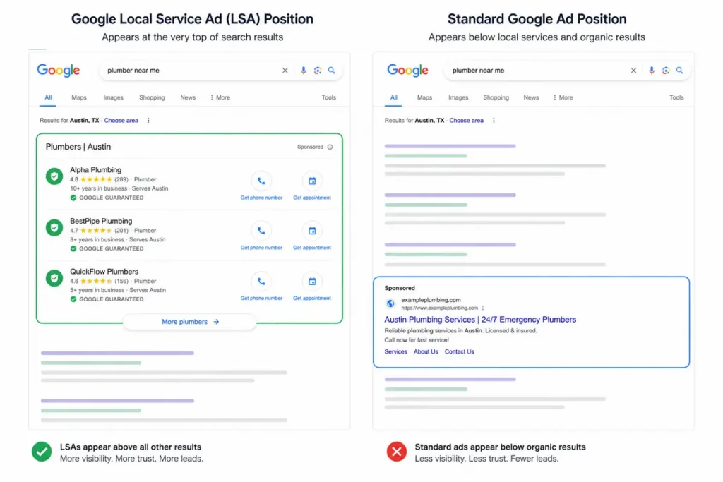 Google Local Service Ads vs. Google Ads position in search results