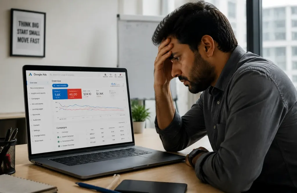 Business owner reviewing a Google Ads dashboard before hiring a Google Ads expert
